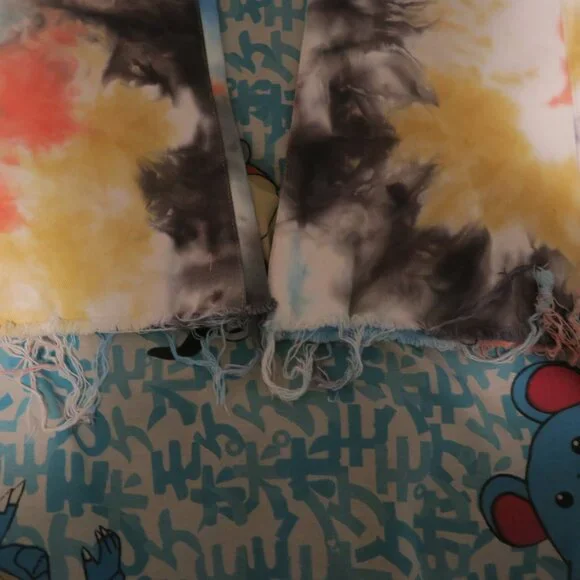 Heaven on Earth 1336 Tie Dye Stacked Denim Jeans Size 42x35 Raw Hem Orange Blue